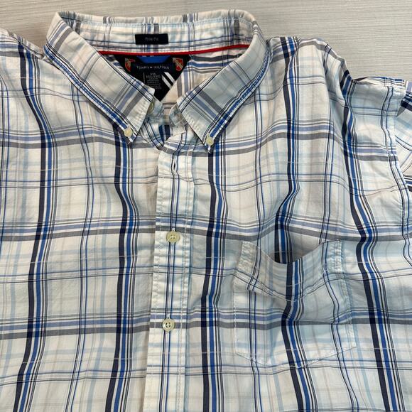 Tommy Hilfiger Mens XXL Trim Fit White Blue Plaid Long Sleeves Button Down Shirt - Picture 7 of 8